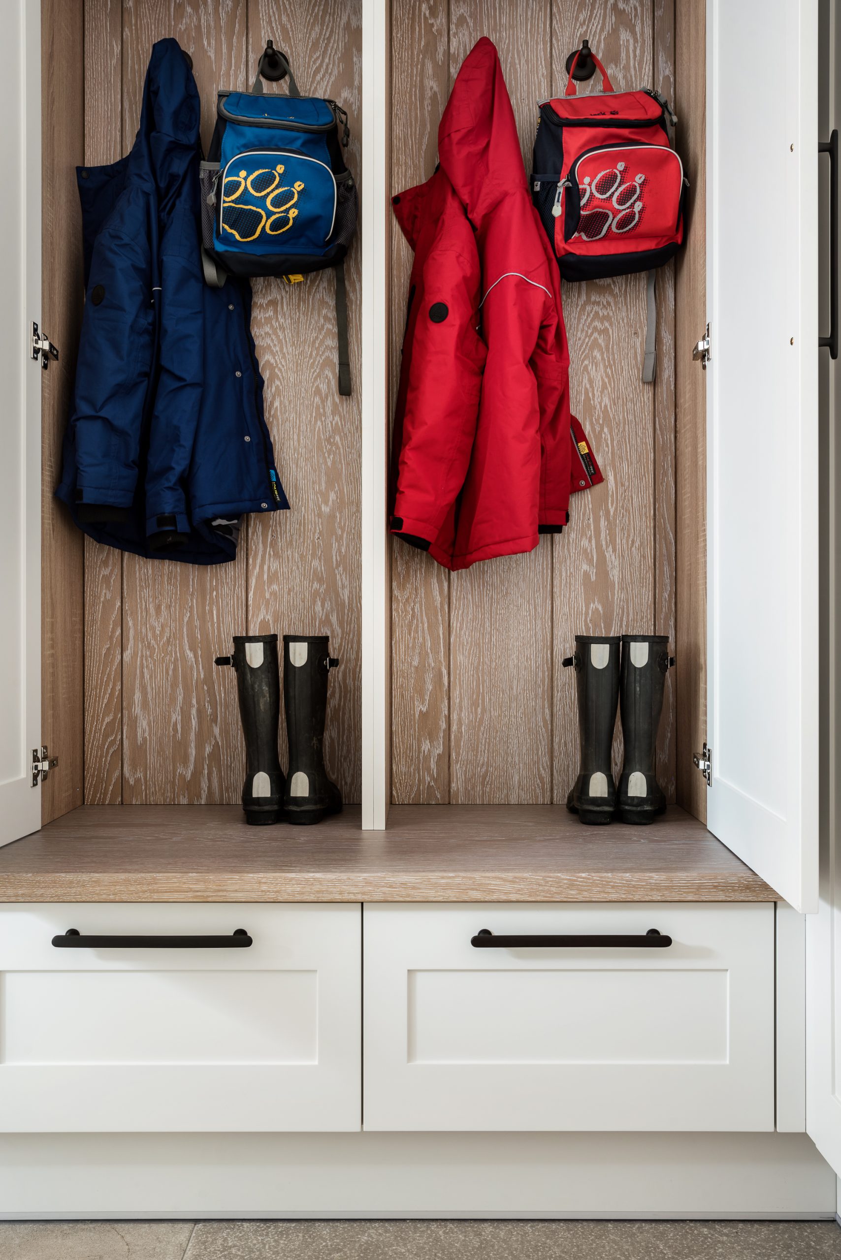 Cloak cupboards with bench and drawer